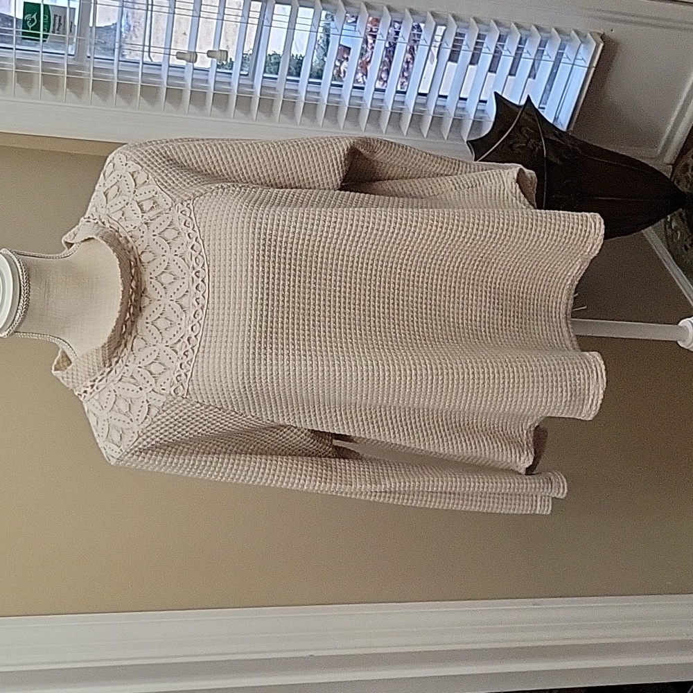 Maurices beige waffle knit lace trim top long sleeve high neck pullover XXL EUC…